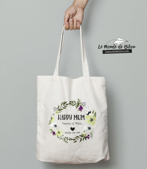 sac tote bag happy mum personnalisable couronne de fleurs