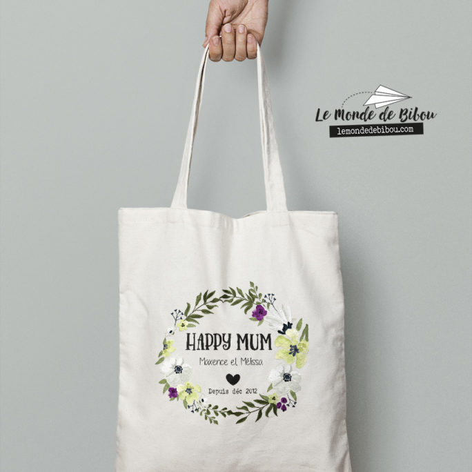 sac tote bag happy mum personnalisable couronne de fleurs
