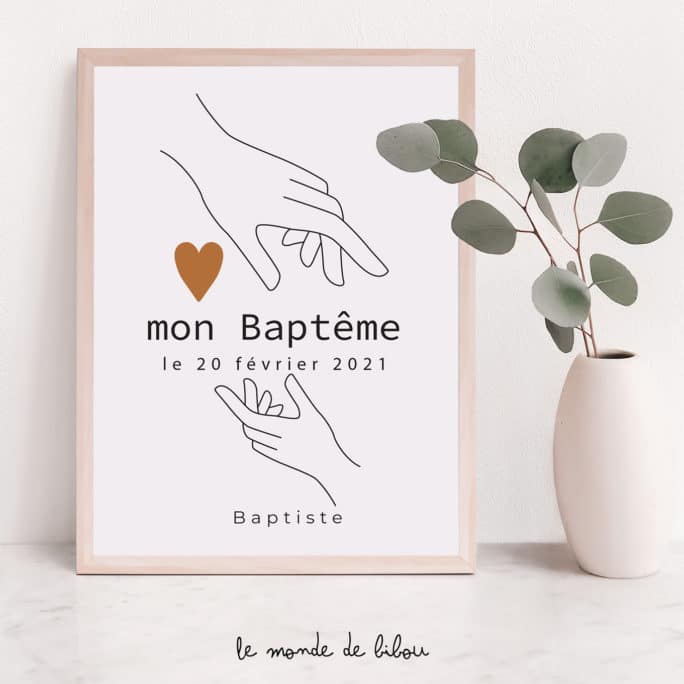 Affiche Baptême personnalisée Mains sur le cœur