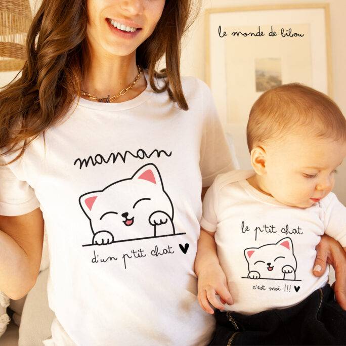 Duo T-shirts maman enfant p'tit chat